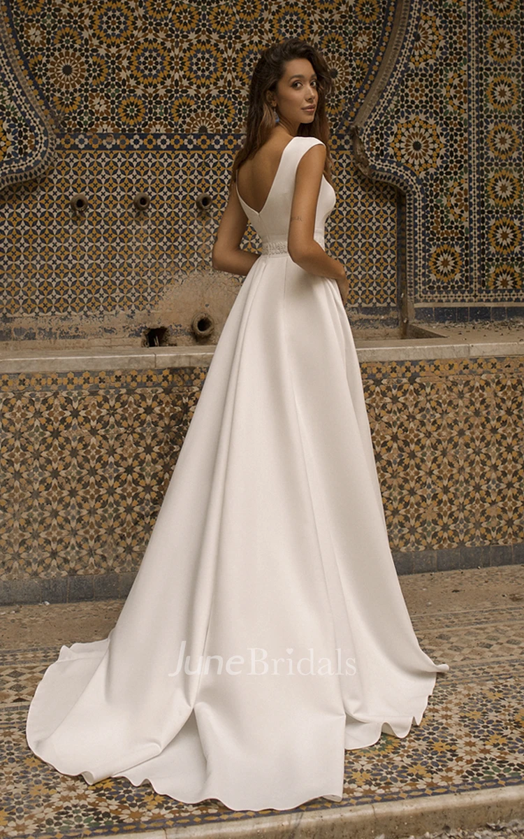 Bateau Neckline With Cap Sleeve Elegant Satin Wedding Dress With V-back And Sash Details