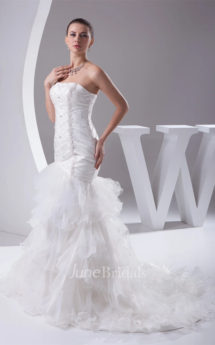 Strapless Column Tiered Gown with Ruffles and Crystal Detailing