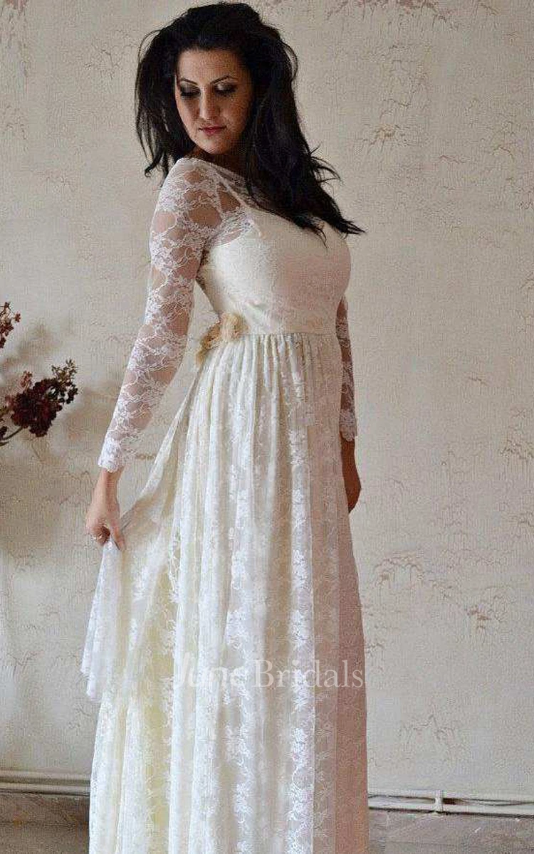 Scoop-Neck Lace Illusion Long Sleeve Wedding Dress With Pleats