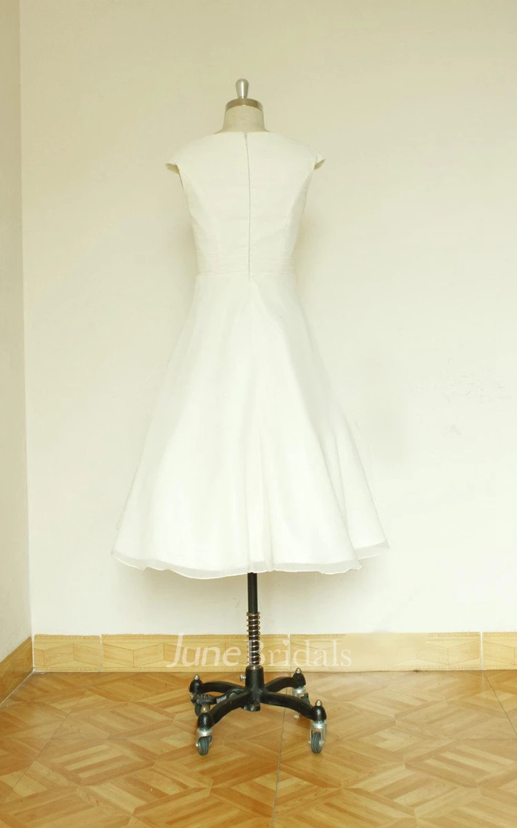 Jewel Cap Sleeve Zipper Back Tea-Length Satin Wedding Dress