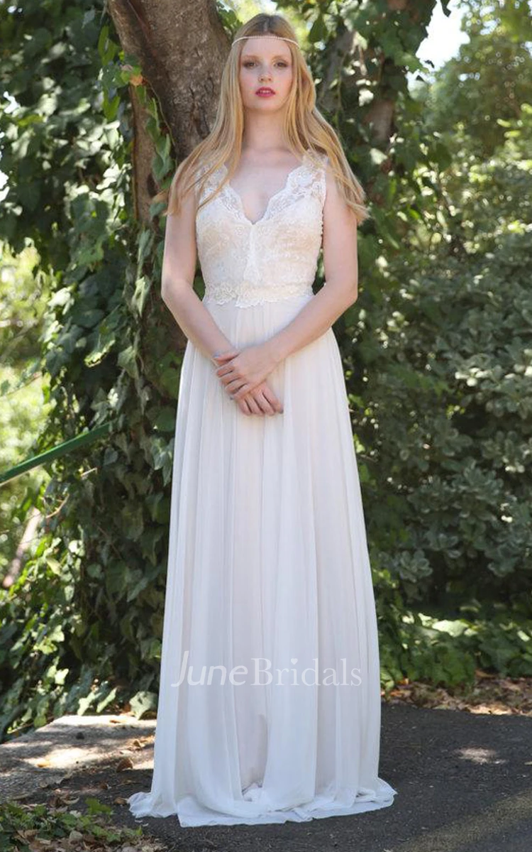 Plunged Sleeveless Chiffon Wedding Dress With Deep-V Back And Ribbon