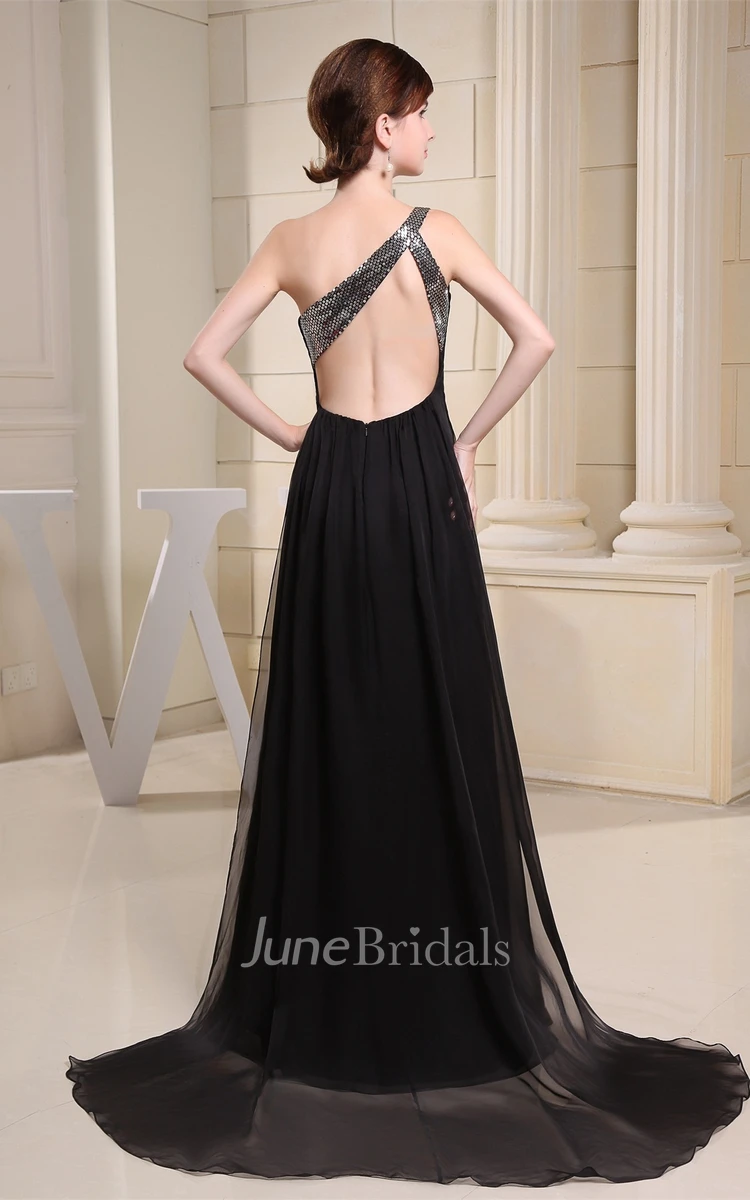 Simple One-Shoulder Crystal Detailing Long Dress with Beading and Sweep Train