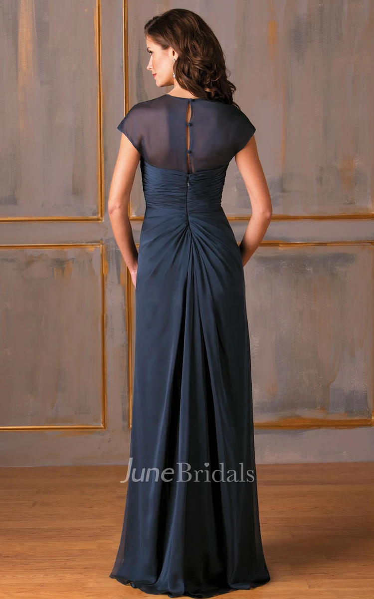Jewels Ruches Bateau-Neckline Cap-Sleeved Mother Of The Bride MOB Dress