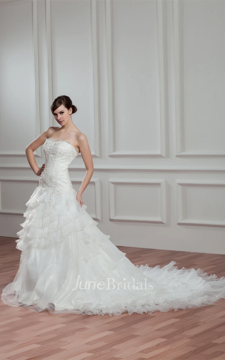 Sweetheart Tiered A-Line Gown with Appliques and Jeweled Top