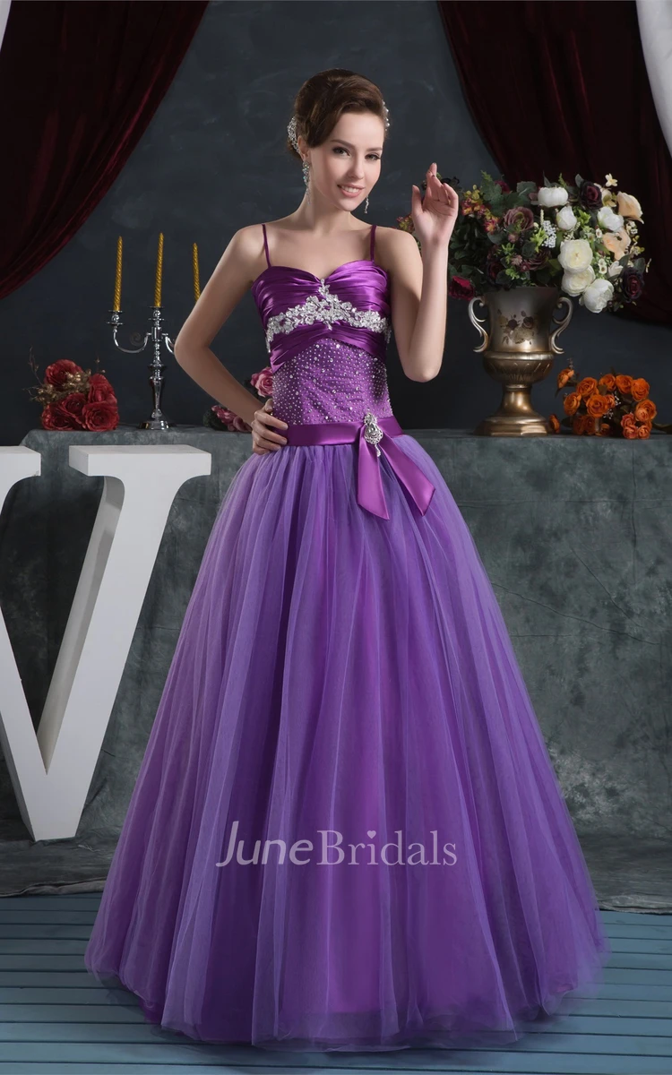 Spaghetti-Strap Beaded A-Line Gown with Pleats and Bow