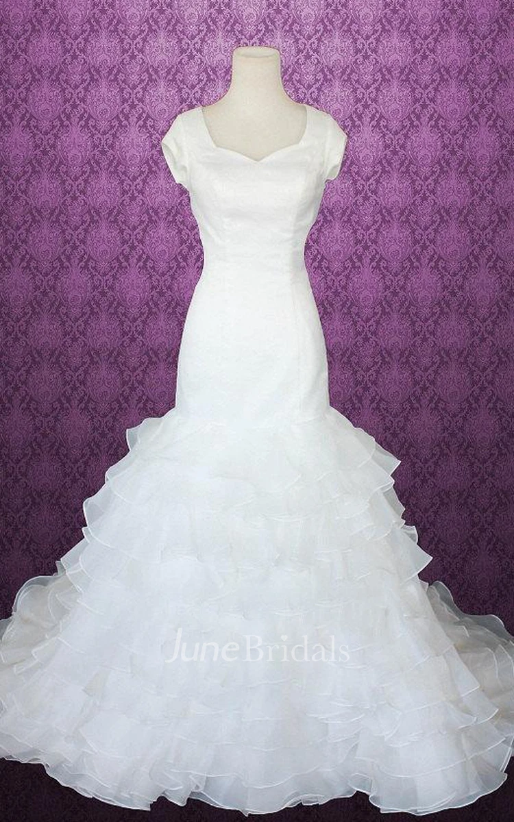 Queen Anne Cap Button Back Mermaid Satin Wedding Dress With Tiers And Ruffles