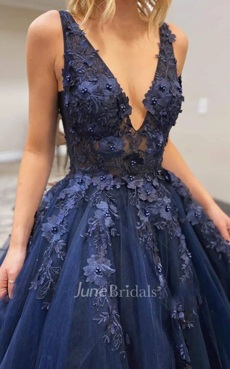 Modern Ball Gown Tulle Plunging Neckline Straps Sleeveless Formal Dress  with Appliques - June Bridals