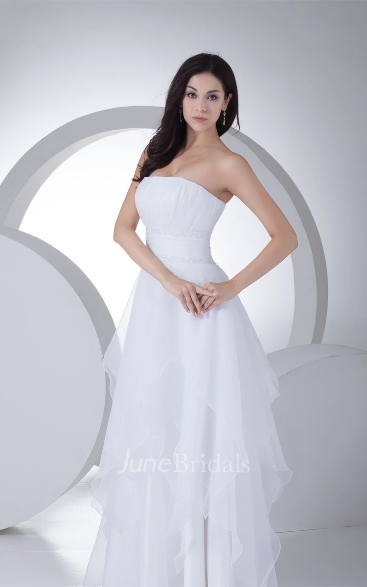 Strapless Ruffled A-Line Gown with Stress and Ruched Waist