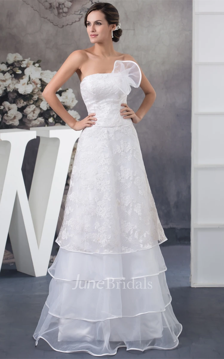 Strapless Ruched A-Line Gown with Appliques and Flower