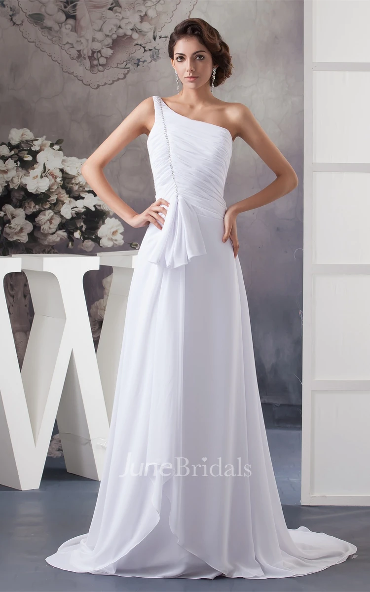 One-Shoulder Chiffon Ruched Dress with Bow and Brush Train