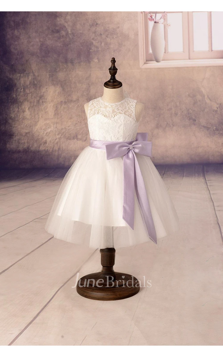 Sleeveless High Neck A-line Tulle Dresses With Lace Top and Satin Sash