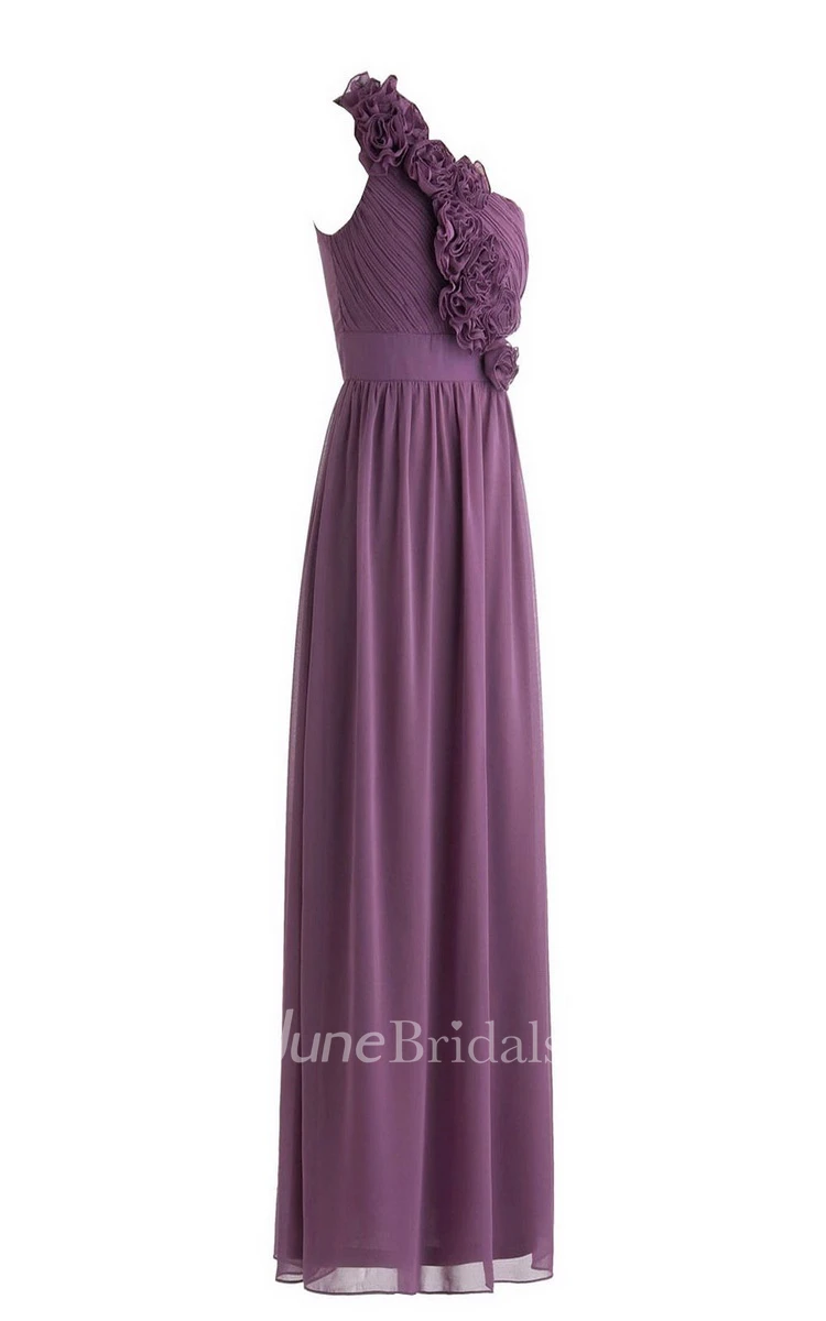 One-shoulder Chiffon Dress With Flowers and Pleats