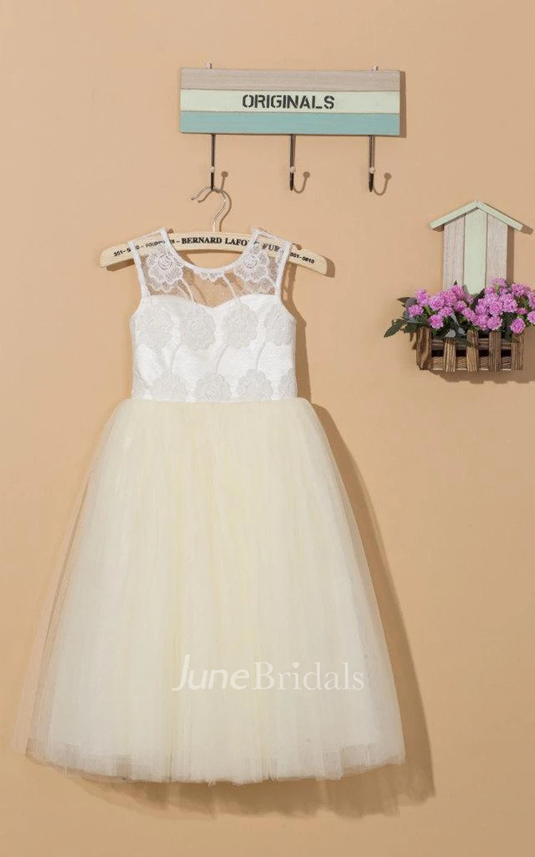 Illusion Sheer Neck Tulle&Lace Dress With Flower&Sash Ribbon