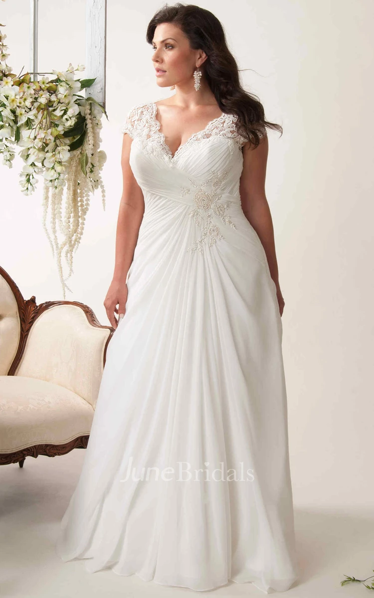 Sheath V-Neck Appliqued Cap-Sleeve Chiffon Plus Size Wedding Dress