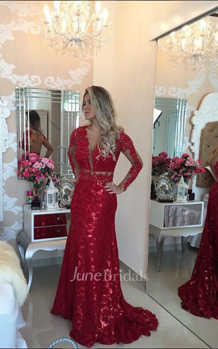 Glamorous Red Mermaid Sequins Prom Dress Lace Appliques Backless