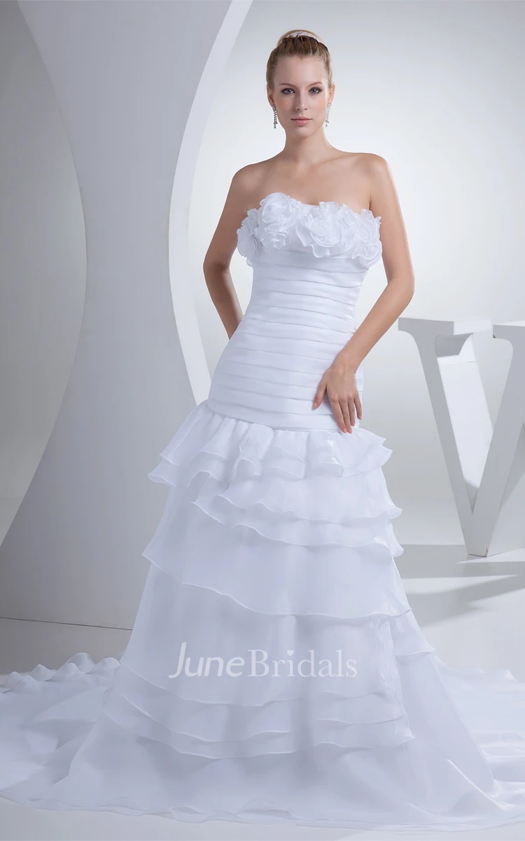 Strapless Ruched A-Line Dress with Tiers and Flower