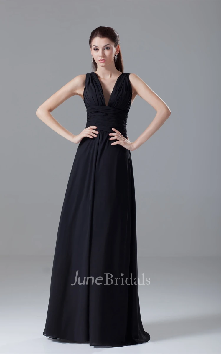 Strapped Chiffon Maxi Dress with Ruching and Low-V Back