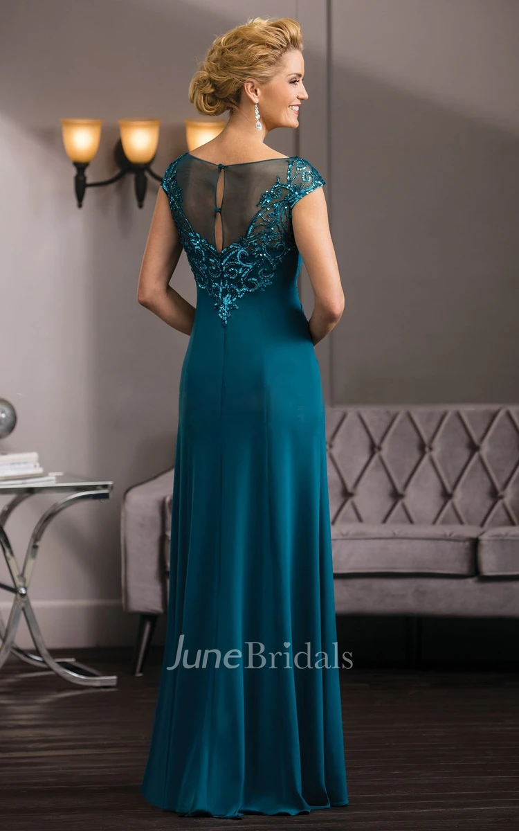 Sequined Chiffon Ruched Mother of the Bride Dress Illusion Back Cap-Sleeve