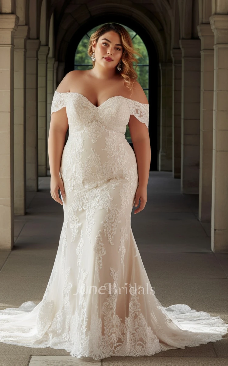 2024 Sexy Floral Mermaid Plus Size Boho Lace Wedding Dress Romantic Elegant Off-the-Shoulder Sweep Train Bridal Gown with Appliques