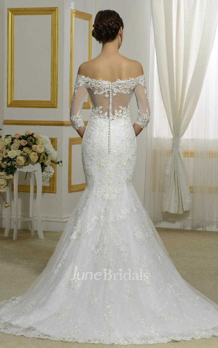 Off-the-shoulder Elegant 3/4 Sleeve Lace Mermaid Bridal Dress With Illusion Button Back