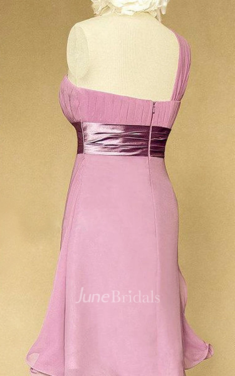 Knee-length One-shoulder Strapped Chiffon&Satin Dress With Beading&Sequins&Broach