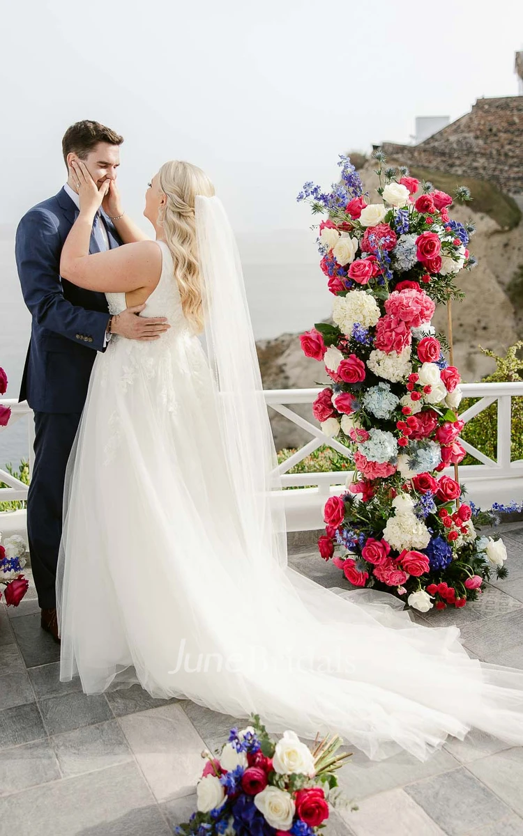 Sexy Elegant A-Line Plunging Neckline Sleeveless Lace Tulle Wedding Dress Ethereal Romantic Garden Appliques Floor-length Backless Bridal Gown