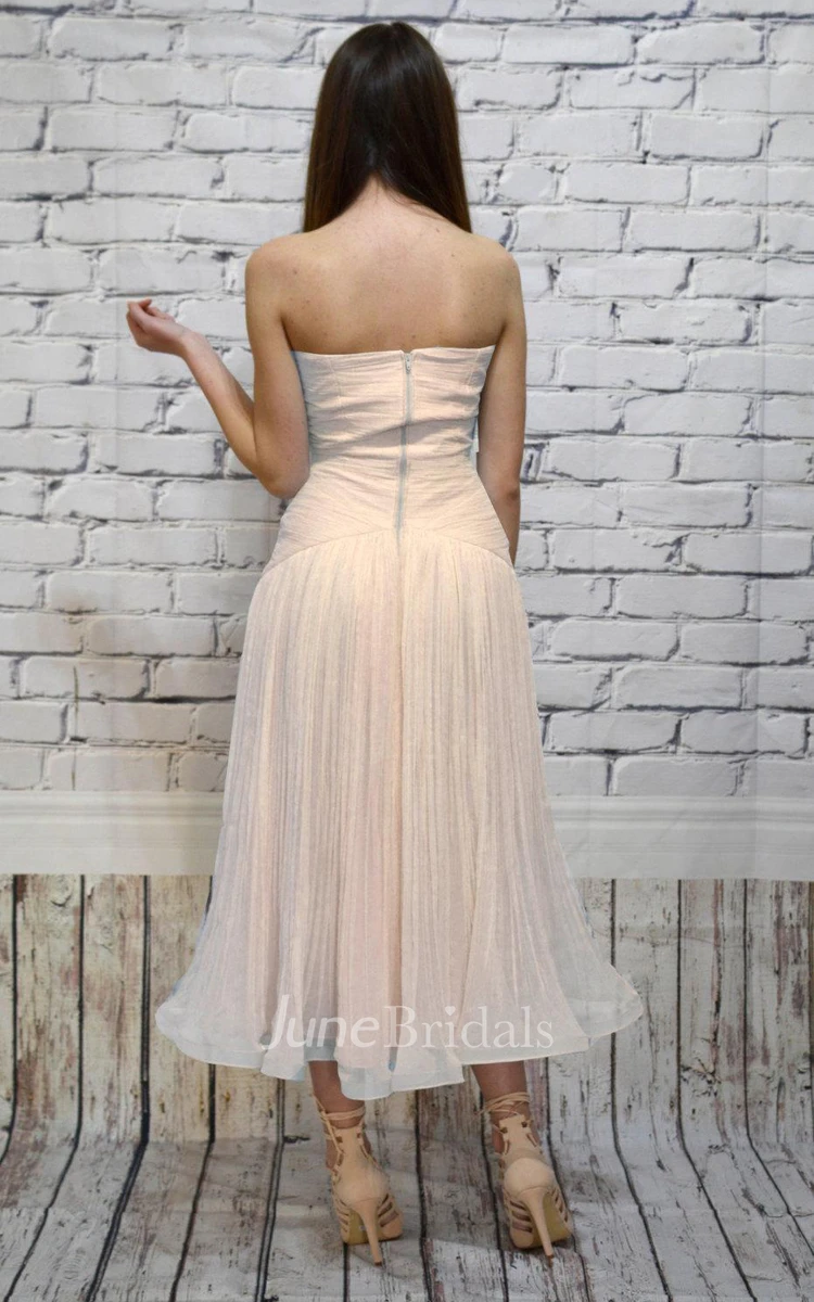 Strapless Tea-Length Dress With Ruching And Zipper Back