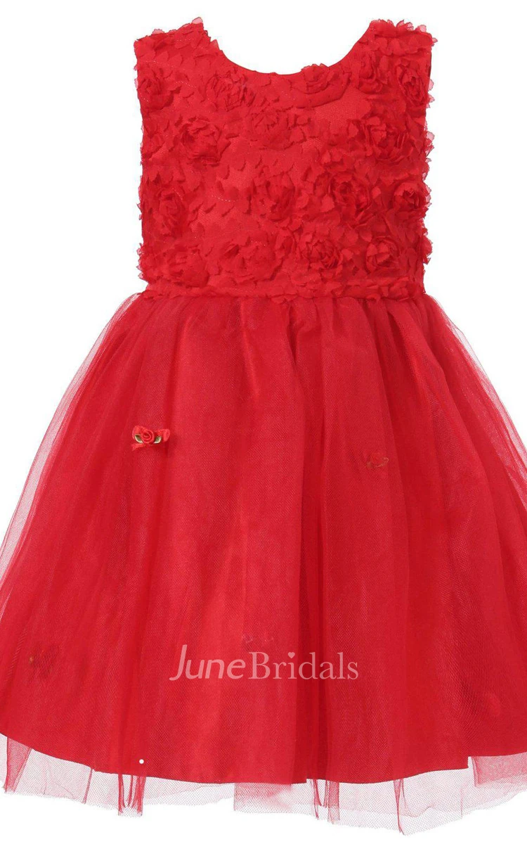 Sleeveless A-line Tulle Dress With Petals and Bow