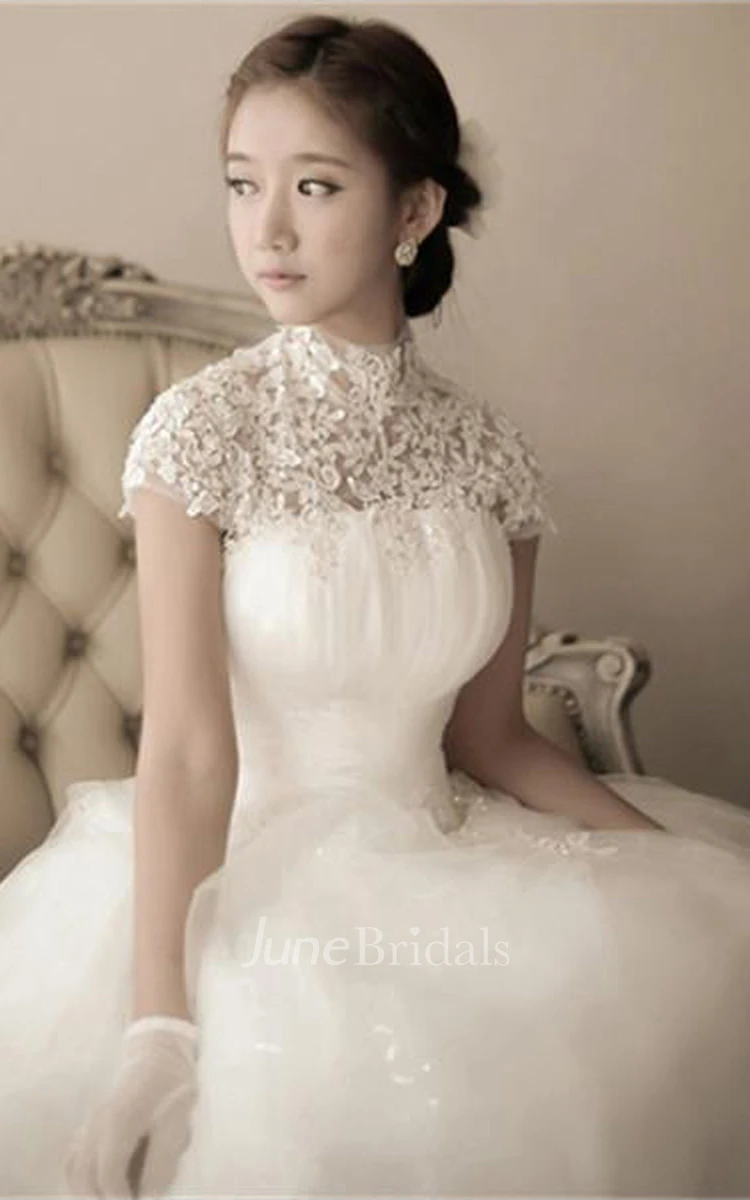 Elegant Tulle Lace Appliques Wedding Dress High Neck Ball Gown