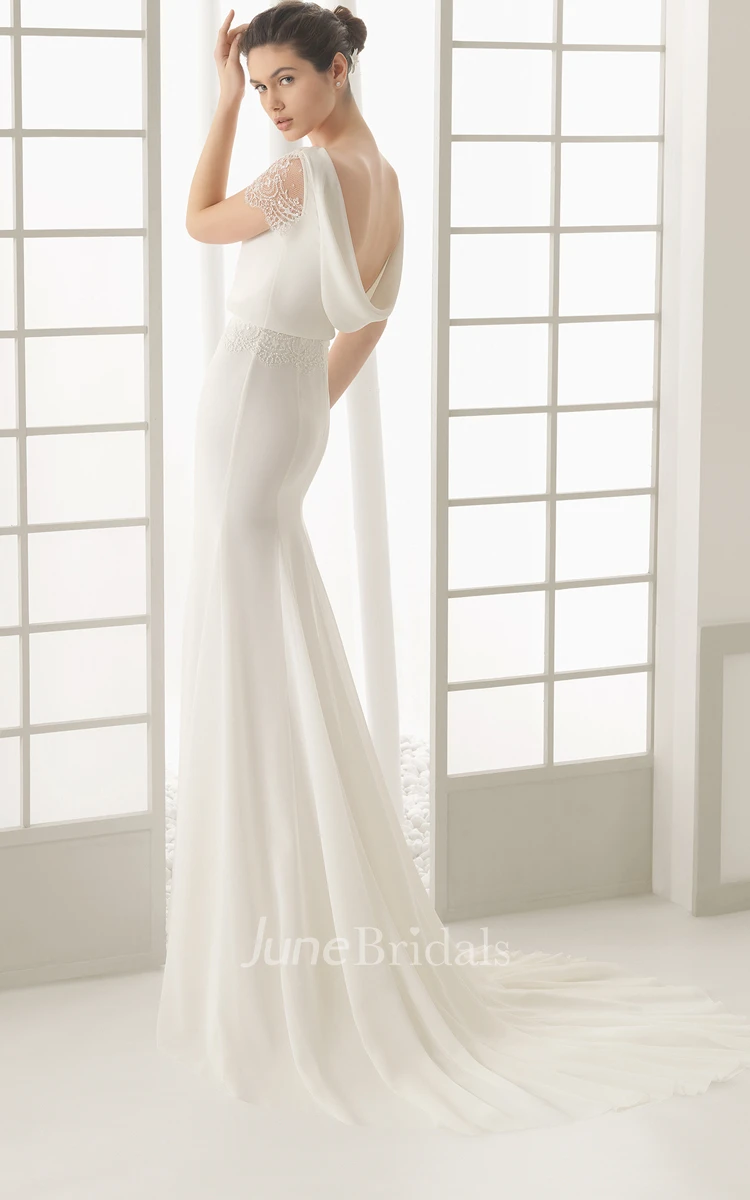 Bateau-neck Backless Illusion Lacy Cap-sleeved With Draping at Back