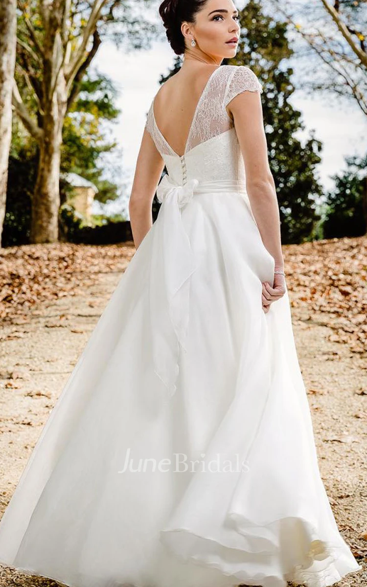 Romantic Lace Chiffon Bateau A Line Floor-length Deep-V Back Wedding Dress with Ribbon
