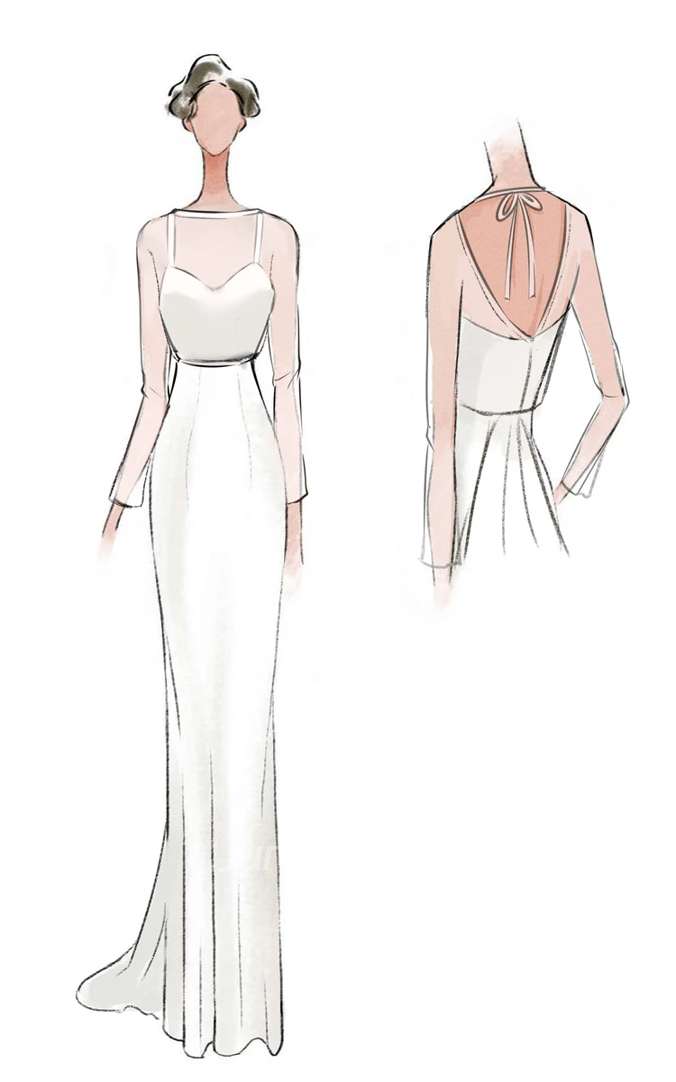 Scoop Floor-Length Long-Sleeve Chiffon Wedding Dress With Watteau Train And V Back