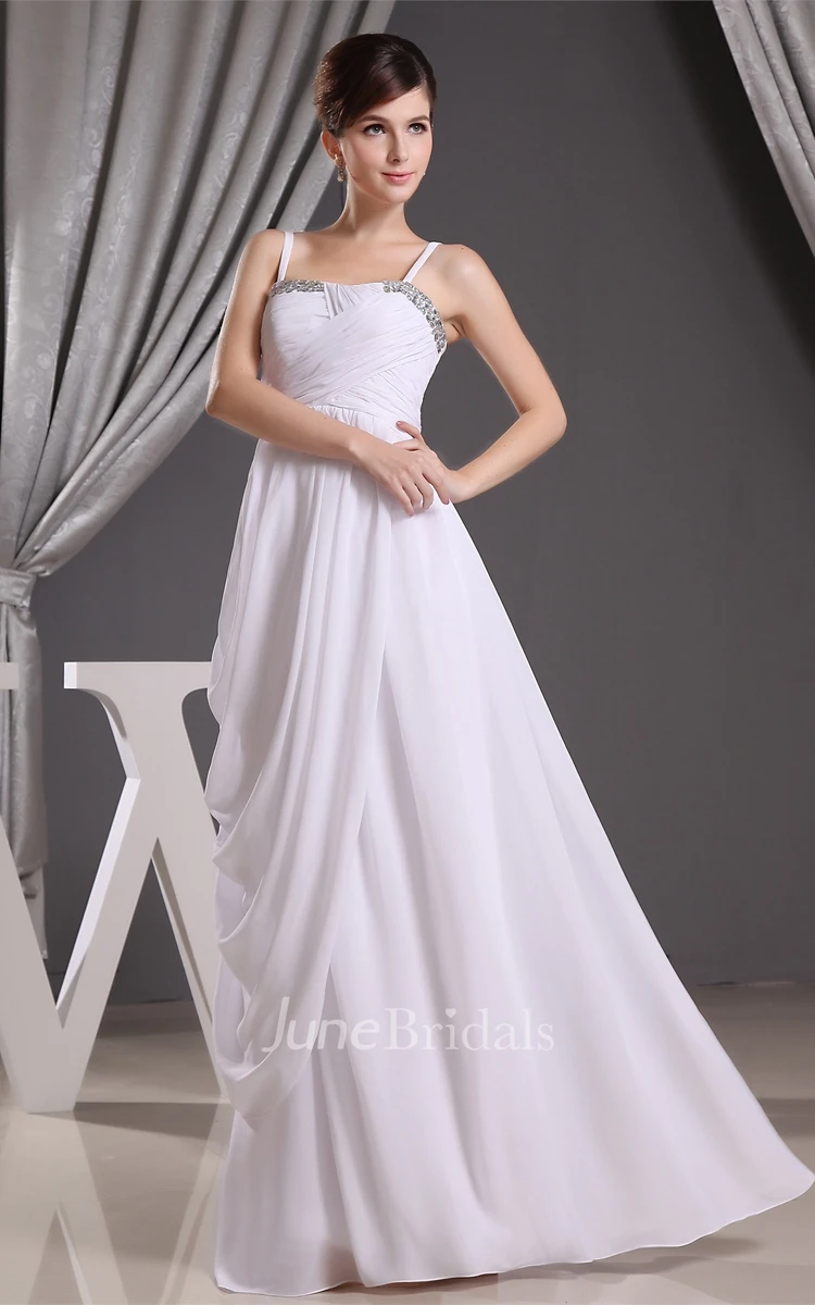 Chiffon Ruched Floor-Length Dress with Spaghetti-Straps and Side Draping