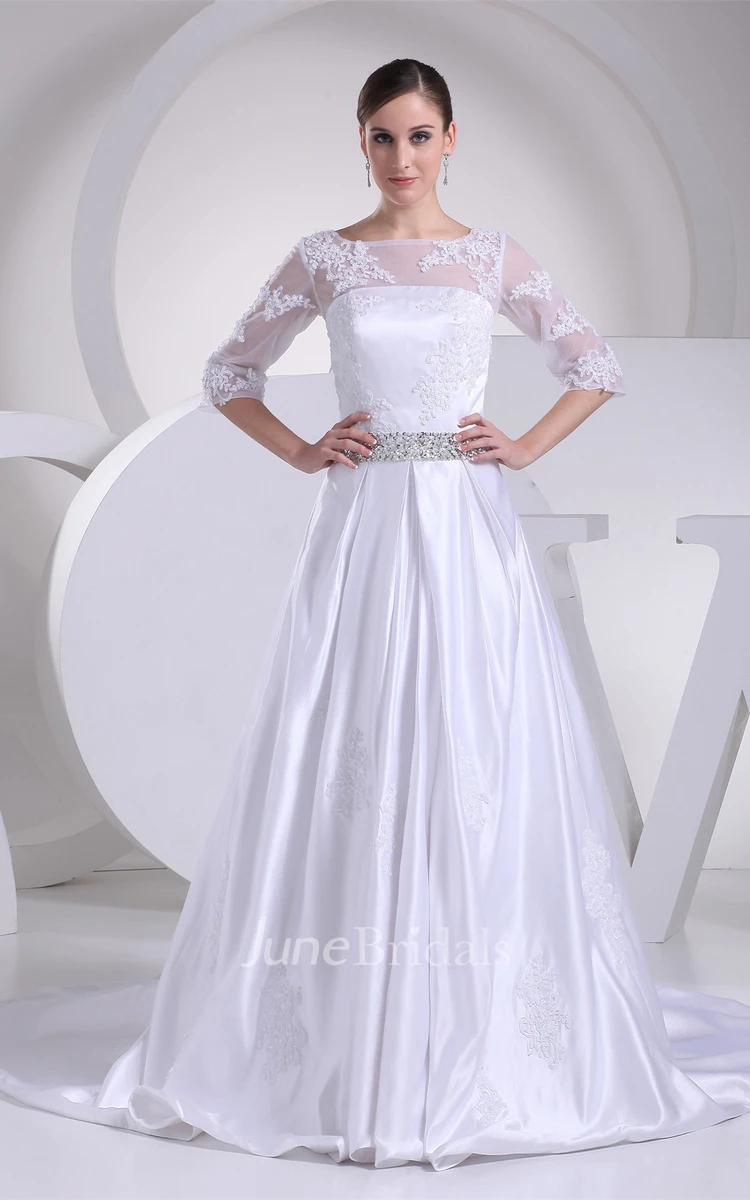 Long A-Line 3-4-Length Satin Sleeve Dress with Lace Illusion and Beading Belt