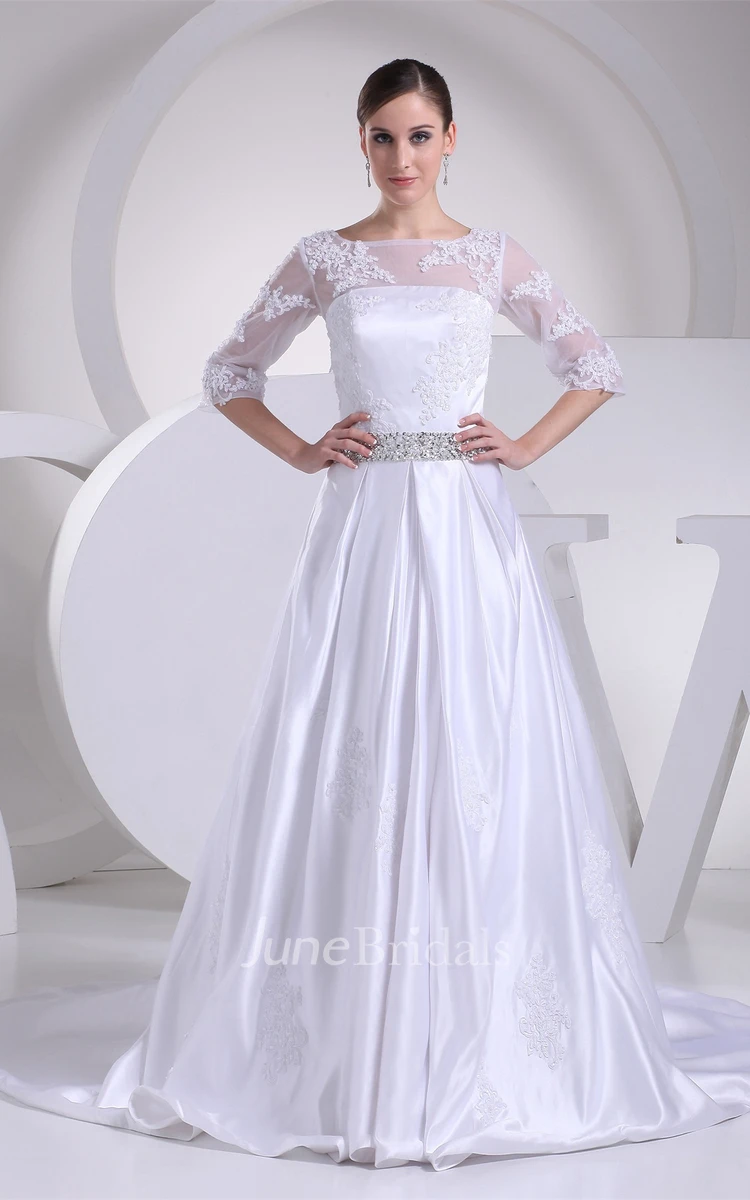Scoop Belt 3/4 Sleeves Satin Beading Crystals Wedding Dress Scoop Belt 3/4 Sleeves Satin Beading Crystals Wedding Dress