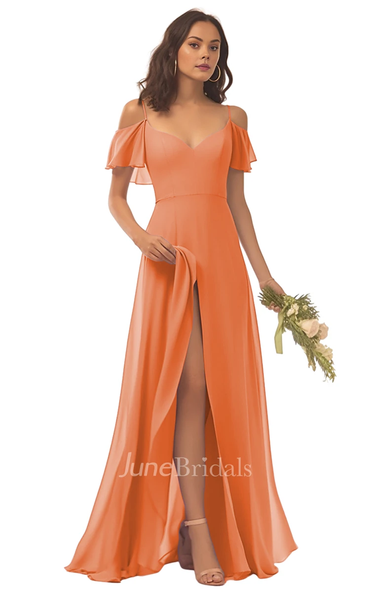 Beautiful A-Line Spaghetti Chiffon Bridesmaid Dress with Split Front