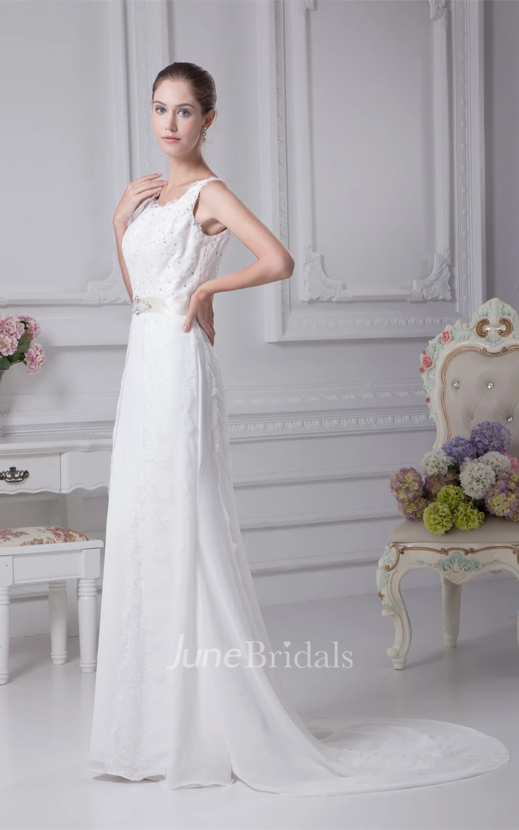 Country-Style Sleeveless Sheath Dress with Appliques and Broach