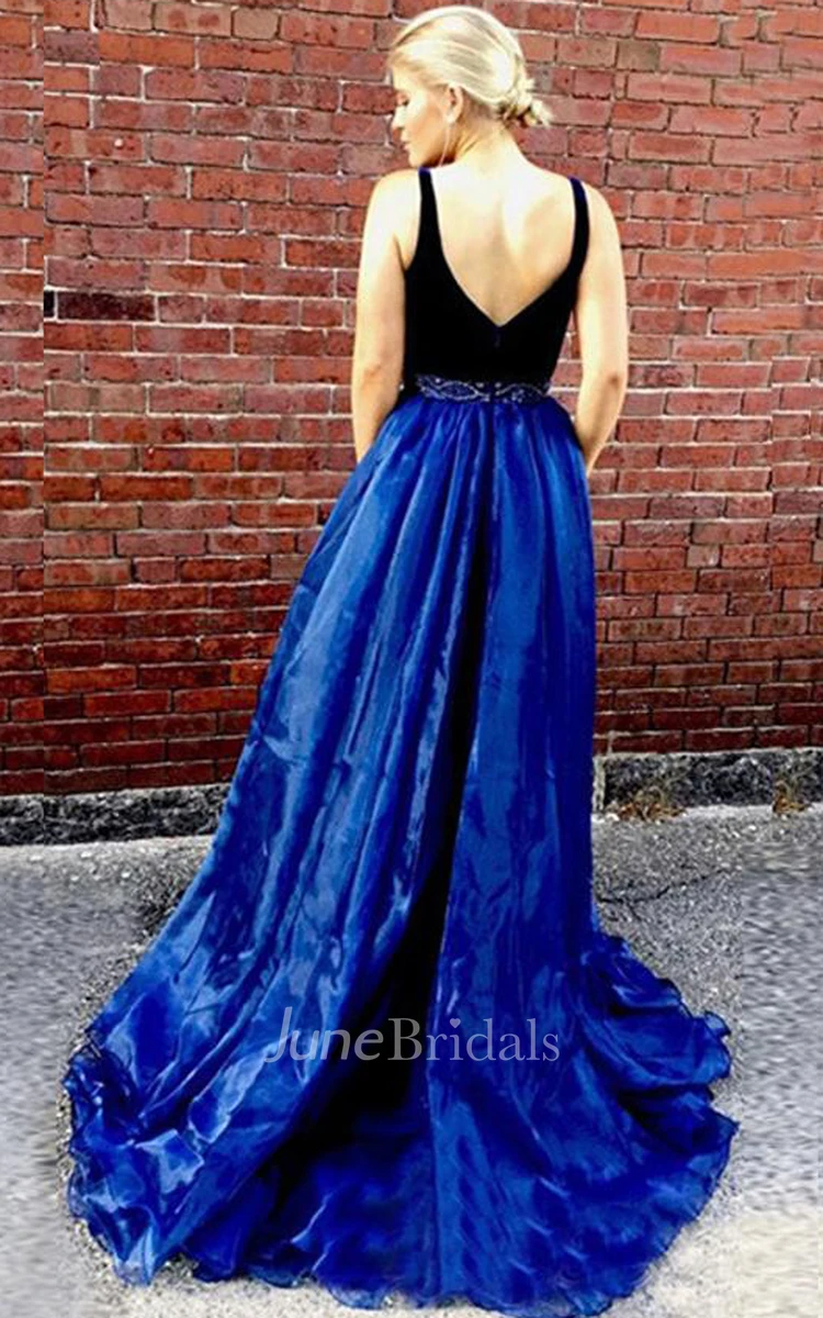 Sexy A Line V-neck Tulle Sleeveless Sweep Train Formal Dress With Beading