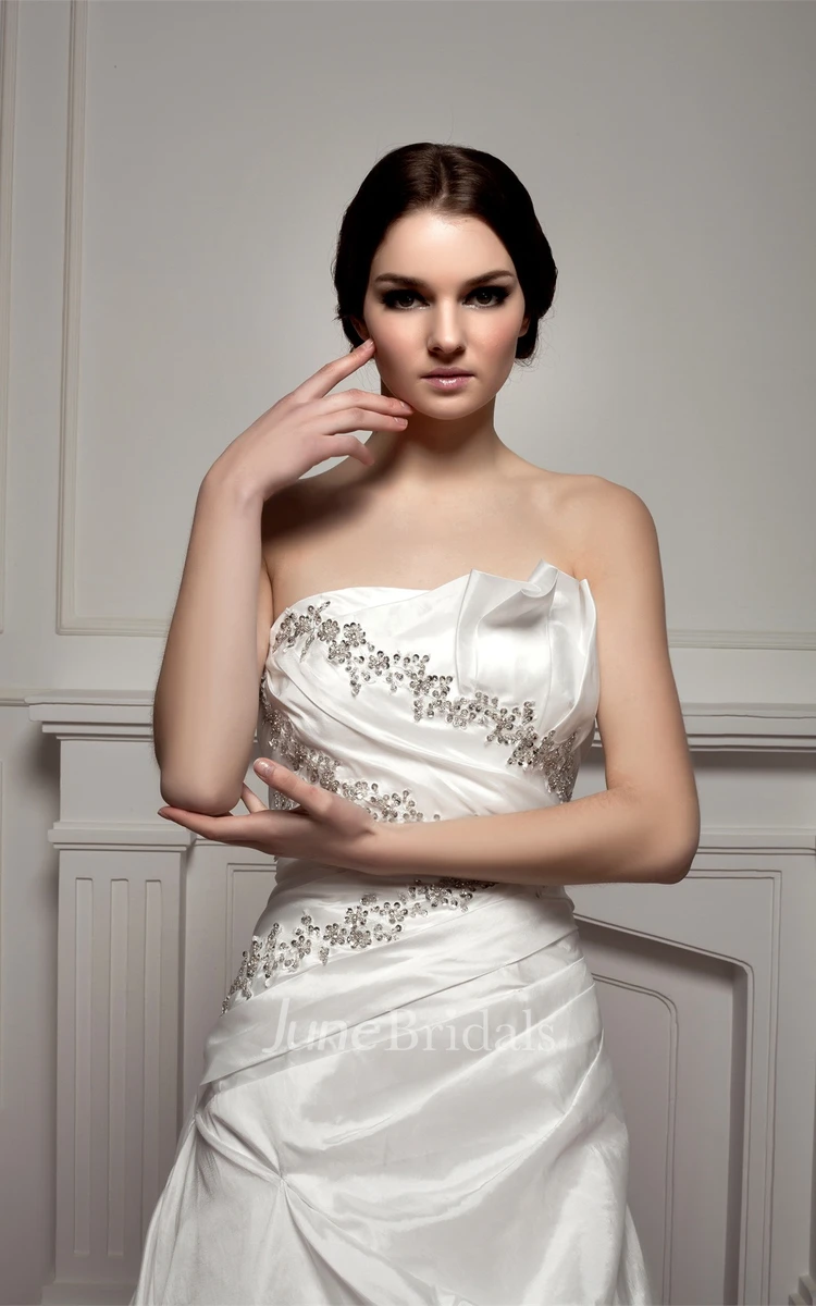 Strapless Taffeta A-Line Dress with Beading and Sweep Train