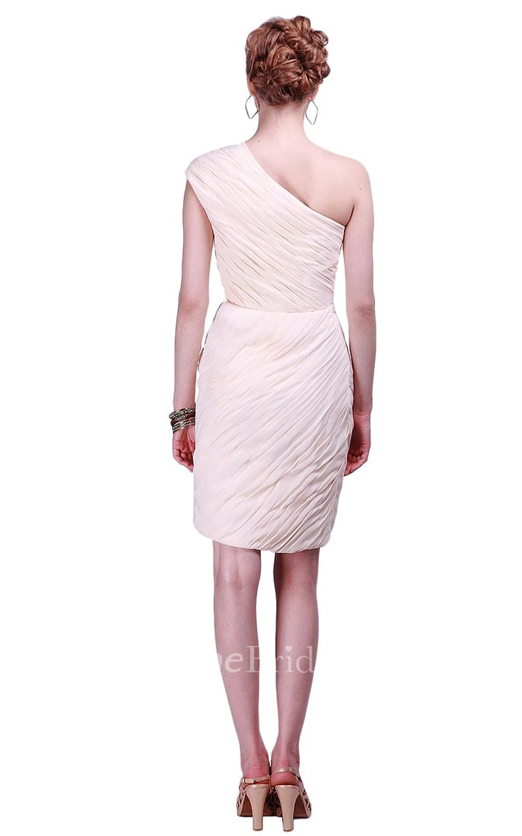 Cap-sleeve One-shoulder Ruched Short Sheath Gown