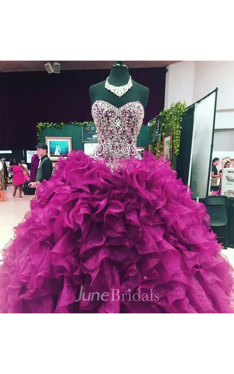 Ball Gown Sweetheart Sleeveless Floor-length Organza Prom Dress with Beading and Ruffles