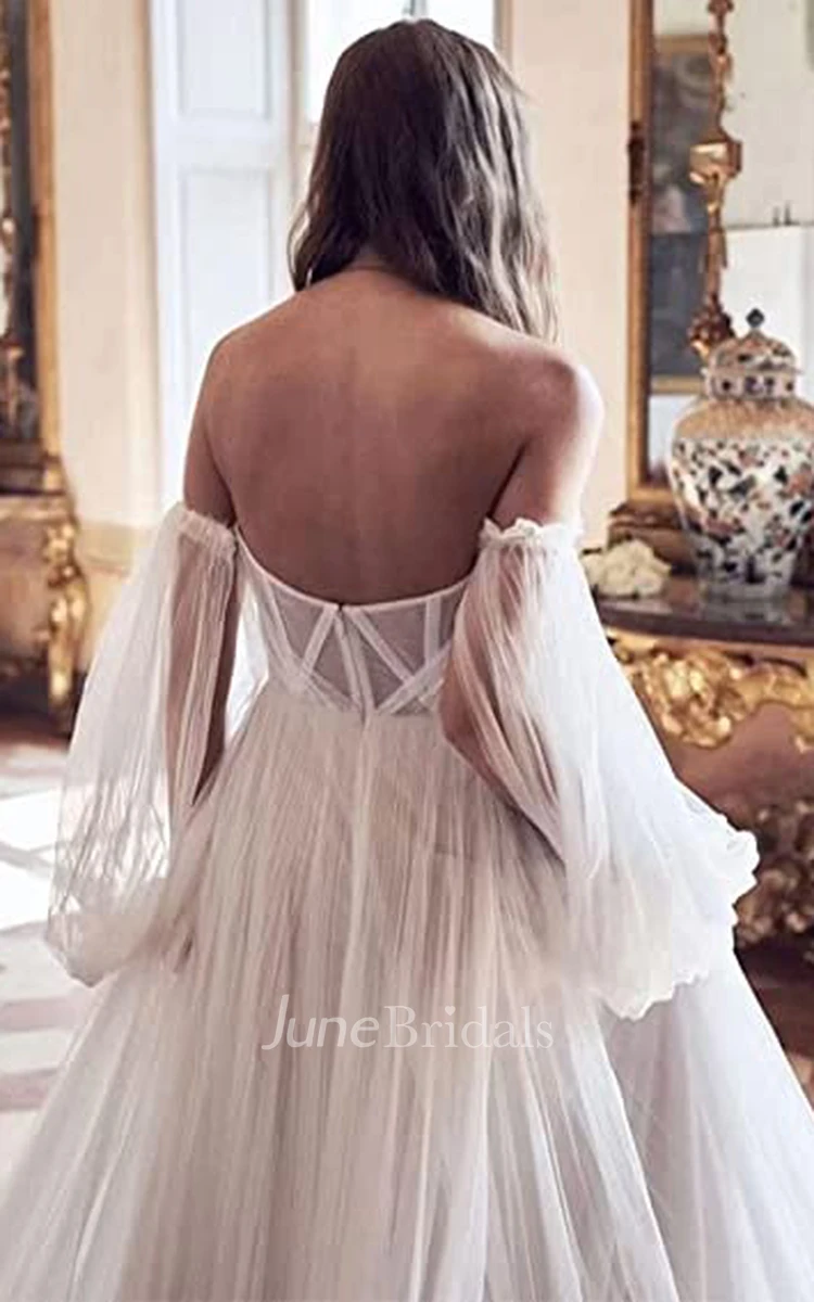 Tulle A-Line Off-the-shoulder Wedding Dress Casual Adorable Beach With Open Back And Illusion Long Sleeves And Split Front