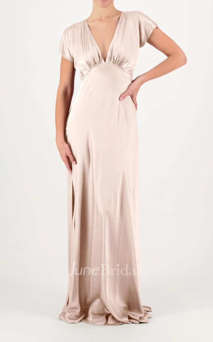 Sexy A Line Plunging Neckline Charmeuse Bridesmaid Dress with Keyhole Back and Ruching