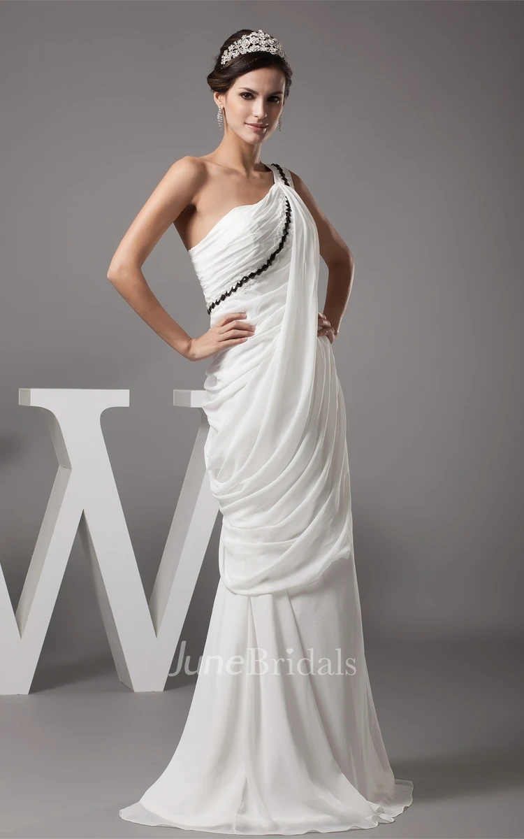 One-Shoulder Ruched A-Line Floor-Length Dress with Ruffles and Sequins