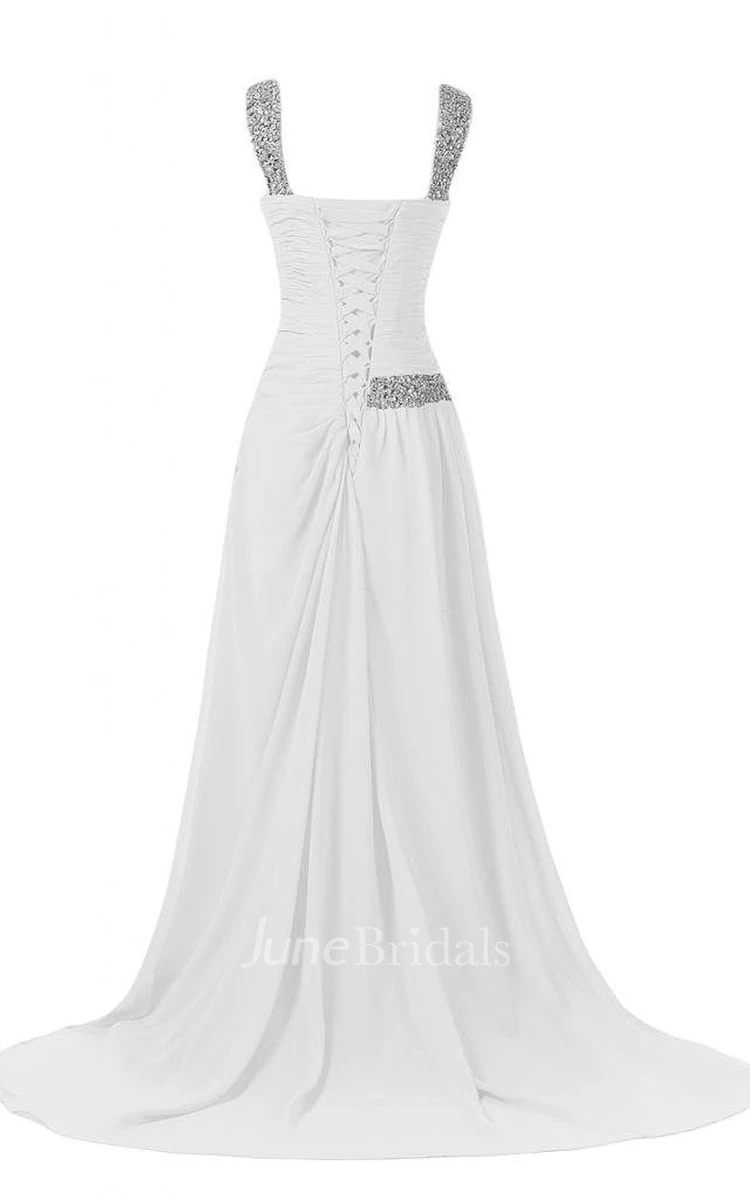 Sleeveless Sequined Appliqued Long Ruched Chiffon Dress