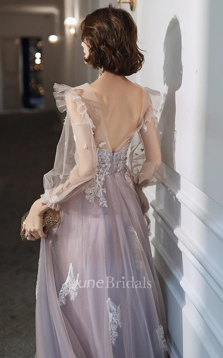 Bohemian Tulle V-neck A Line Prom Evening Dress With Appliques and Ruffles