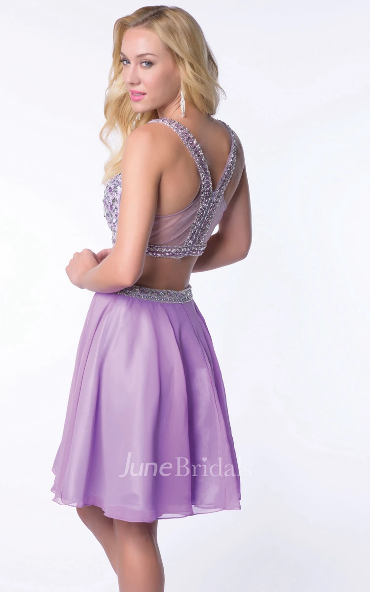 Two-Piece Sleeveless Chiffon Short Homecoming Dress With Bling Bust