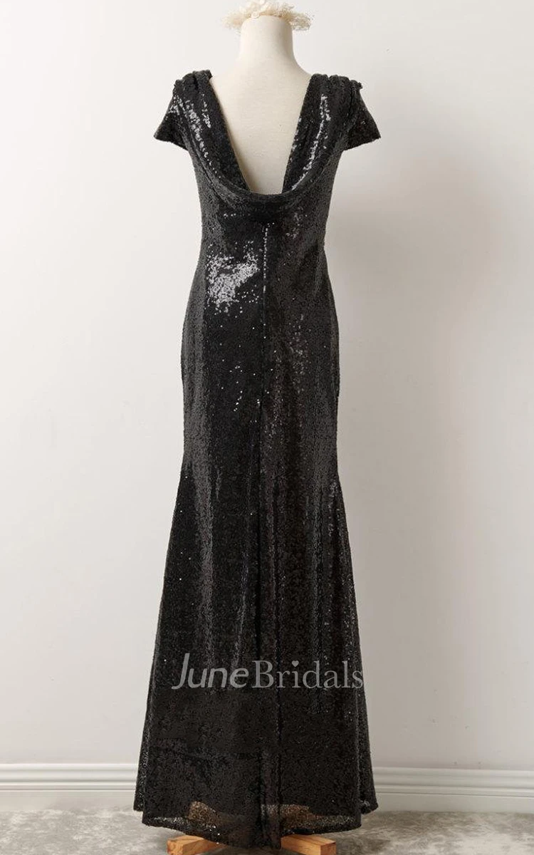 Black Sequin Prom Bridesmaid Short Sleeve Black Sequin Long Formal Elegant Evening Petit Bonheur Dress