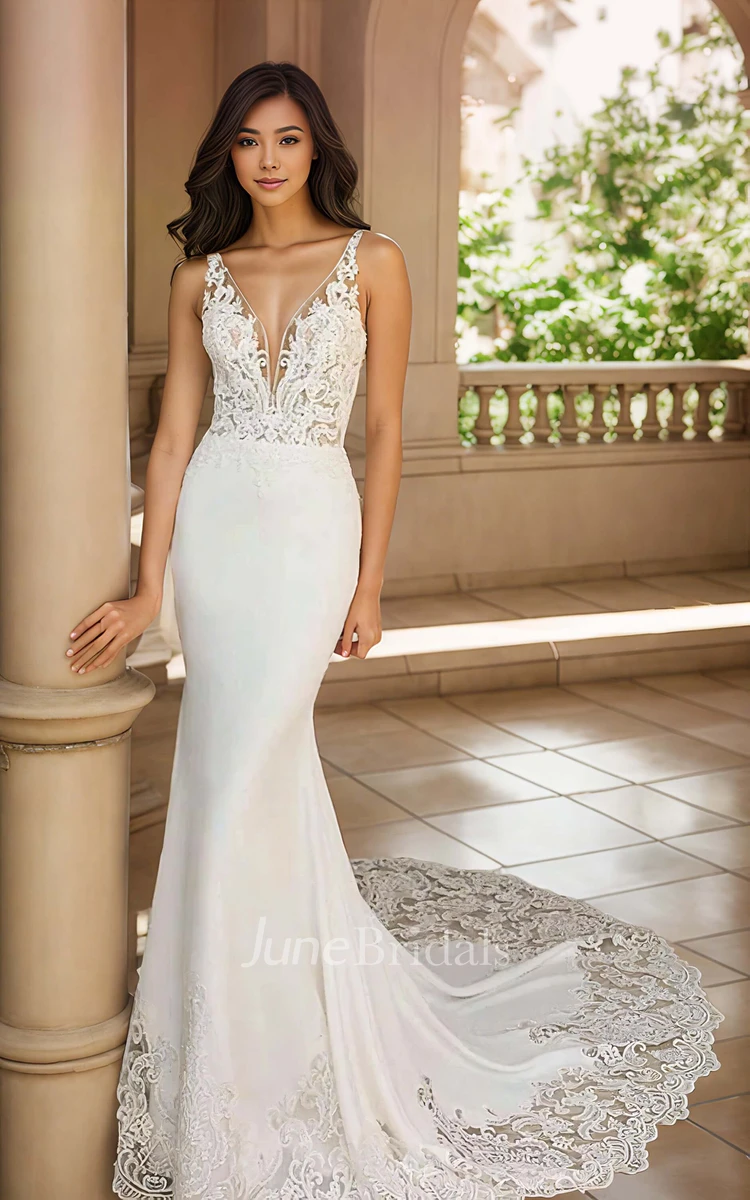 Sexy Vintage Mermaid V neck Straps Satin Appliques Wedding Dress Elegant Court Sleeveless Floor length Bridal Gown with Chapel Train Illusion Back June Bridals