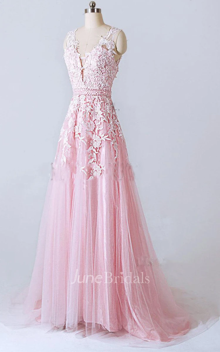 A-line V-neck Tulle And Lace Dress With Appliques And Low V back